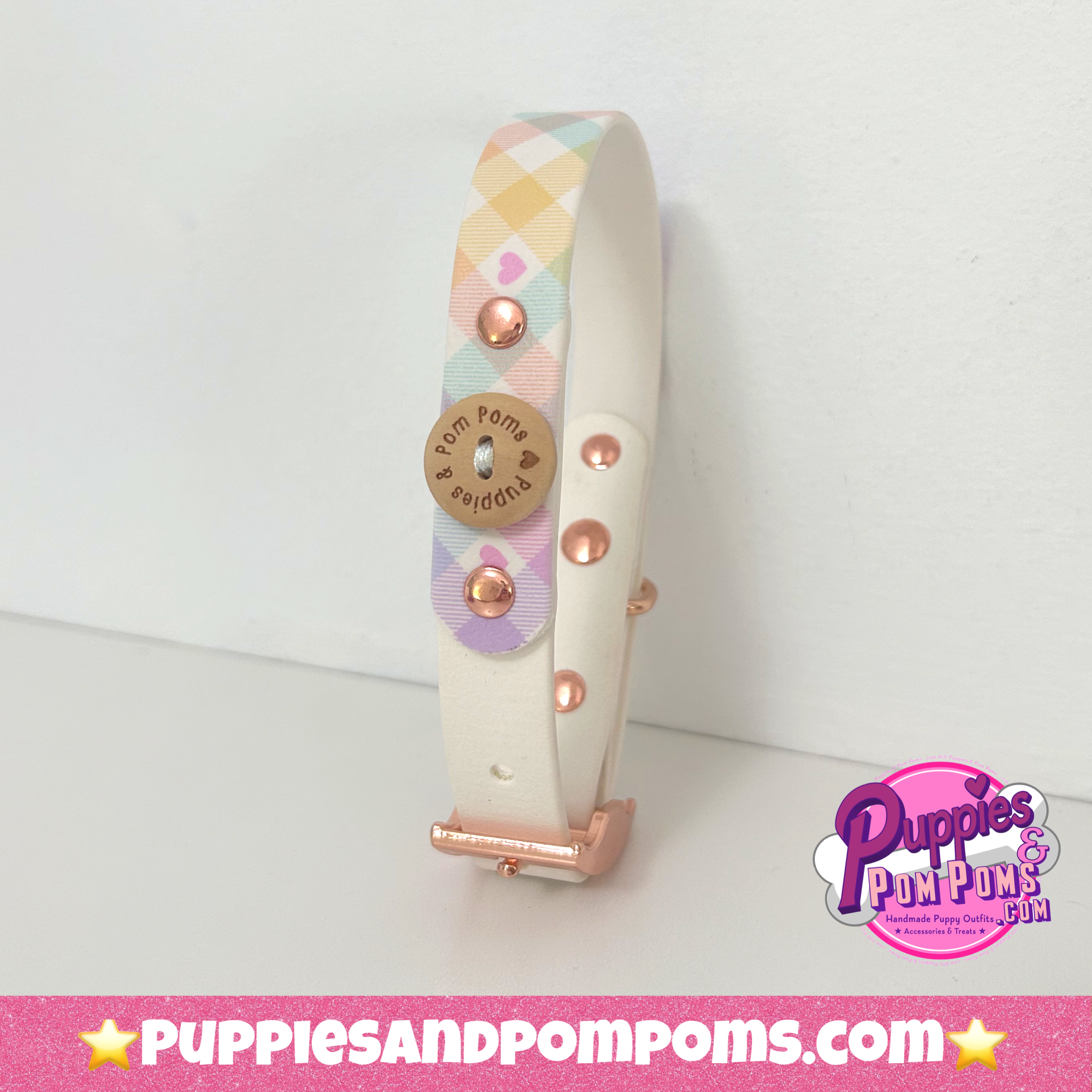 Handmade Dog Collar - Pastel Vichy - White